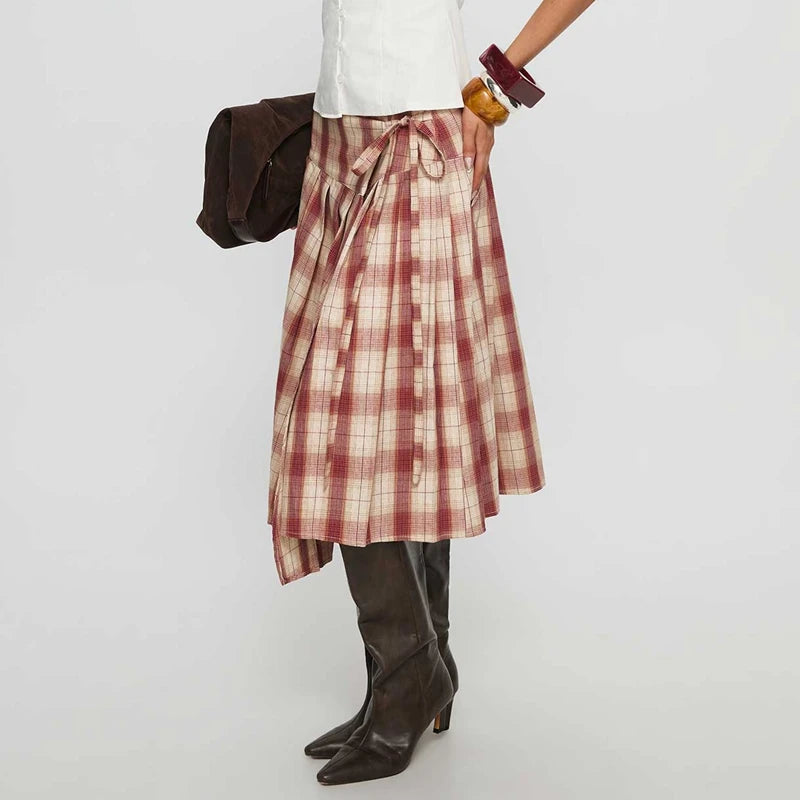 LIZAKOSHT  -  Women Vintage Plaid Midi Skirt Stylish Irregular Hem Bow Tie Pleated Skirts Preppy Cute Y2k Gingham A Line Skirt