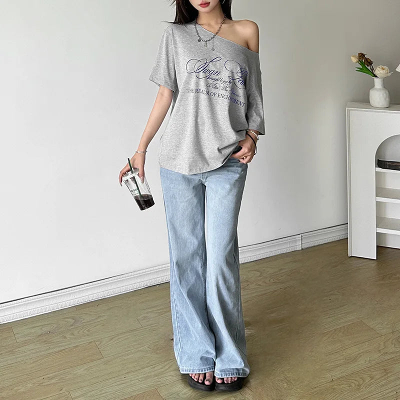 LIZAKOSHT  -  Letter Print Graphic T Shirts White Oversized One Shoulder Tops Womens Summer Fashion Clothing Trends 2025