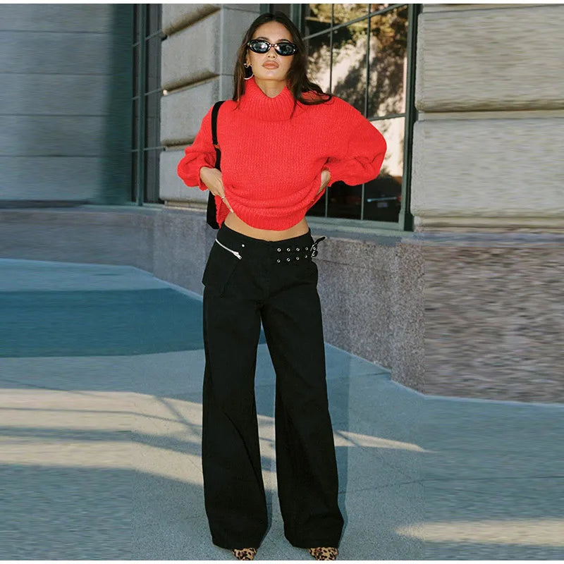 LIZAKOSHT  -  Street Belt Women Jeans Mid Waist Wide Leg Pockets Loose Female Denim Pants Autumn New Fashion All-match Lady Trousers