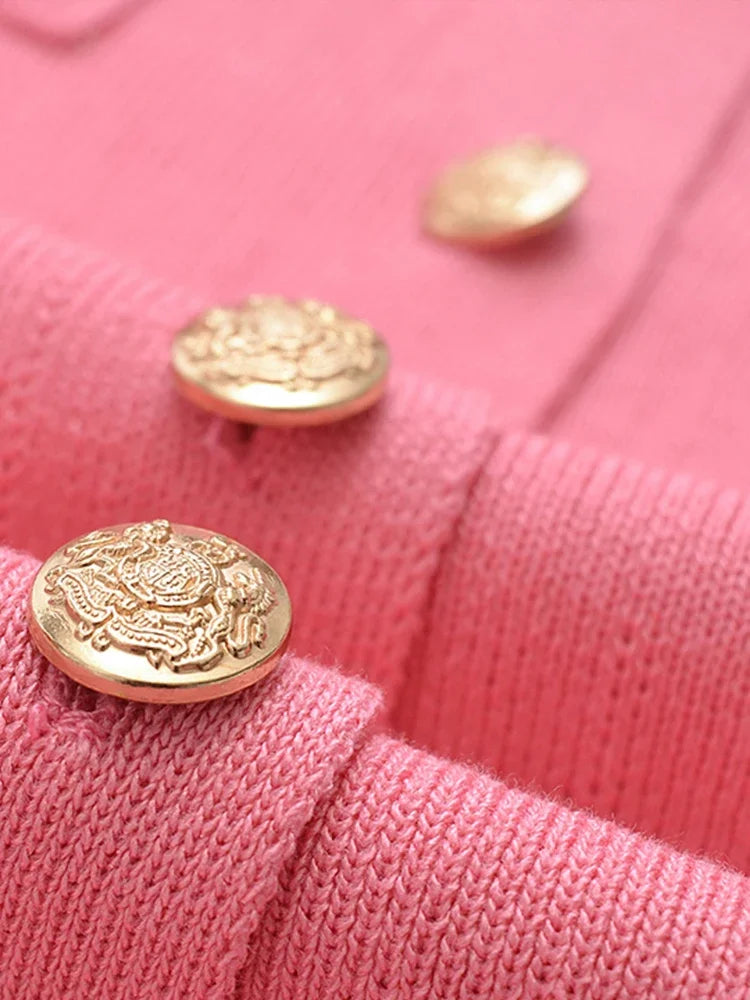 LIZAKOSHT  -  Gold Button Pocket Knitted Short Dresses Solid Color Round Neck French Simple Slimming Fashion Single Breasted Straight Dress