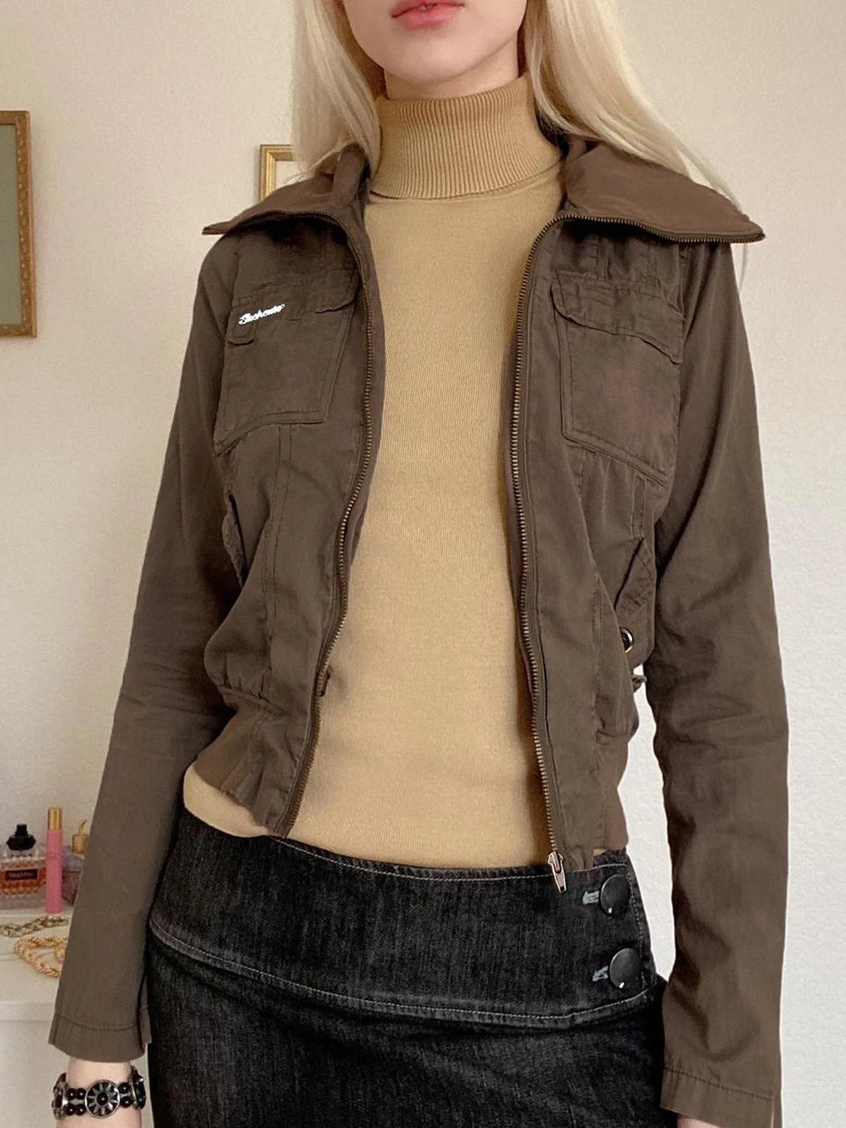 LIZAKOSHT  -  Safari Style Big Pockets Zipper-Up Jackets Casual Solid Turn-Down Collar Long Sleeve Coats Women Autumn Winter Lady