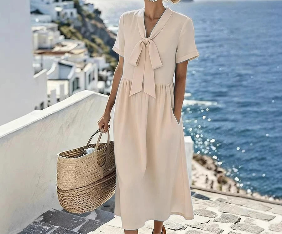 LIZAKOSHT  -  Summer New Bow V-neck Long Short-sleeved Solid Color Dress Temperament Casual Skirt