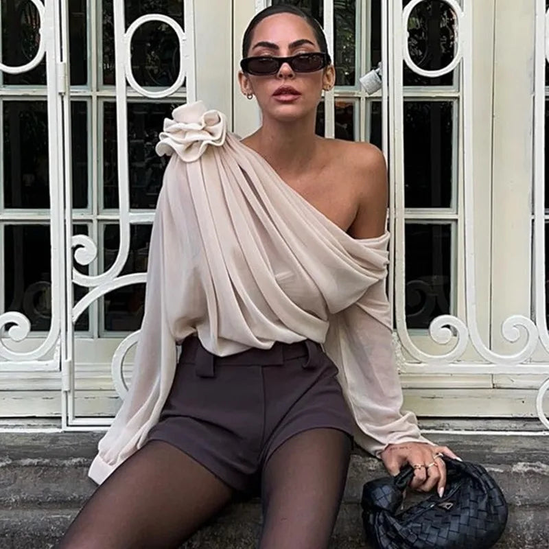 LIZAKOSHT  -  Sexy Elegant Irregular Oblique-neck Rose Flower Applique T Shirt Summer Off Shoulder Long Sleeve Crop Tops Street Mesh Tees