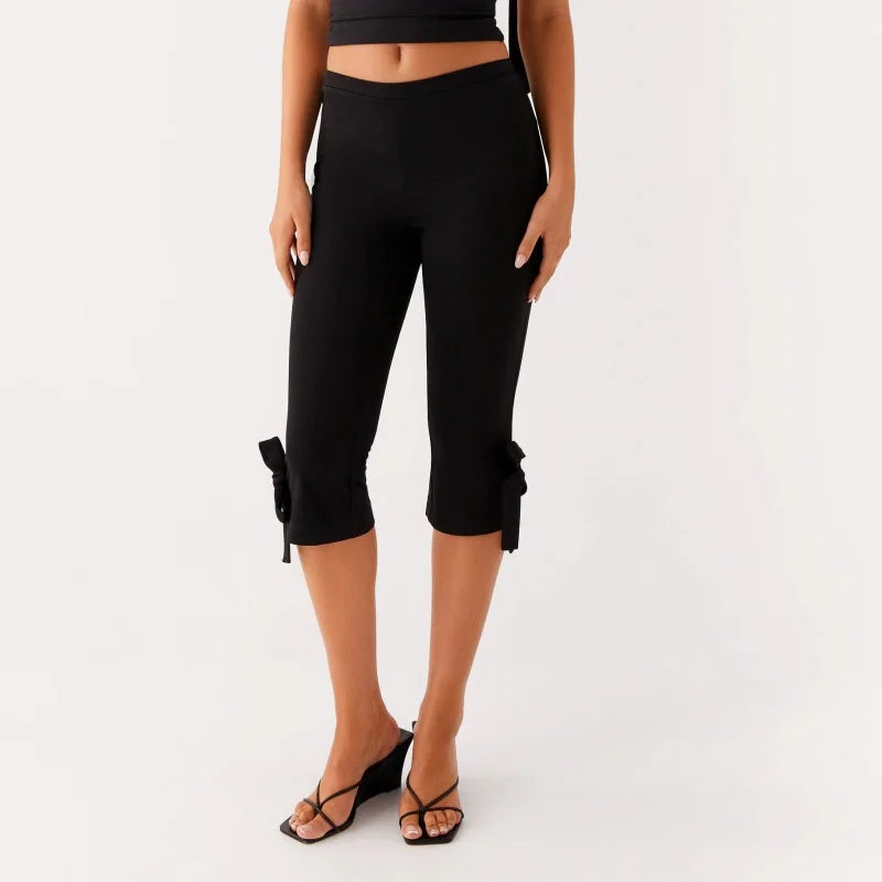 LIZAKOSHT  -  Women Bow Tie Up Skinny Capri Leggings Knee Length Capris Pants Sexy Stretchy Slim Fit Cropped Trousers