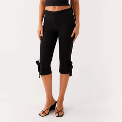 LIZAKOSHT  -  Women Bow Tie Up Skinny Capri Leggings Knee Length Capris Pants Sexy Stretchy Slim Fit Cropped Trousers