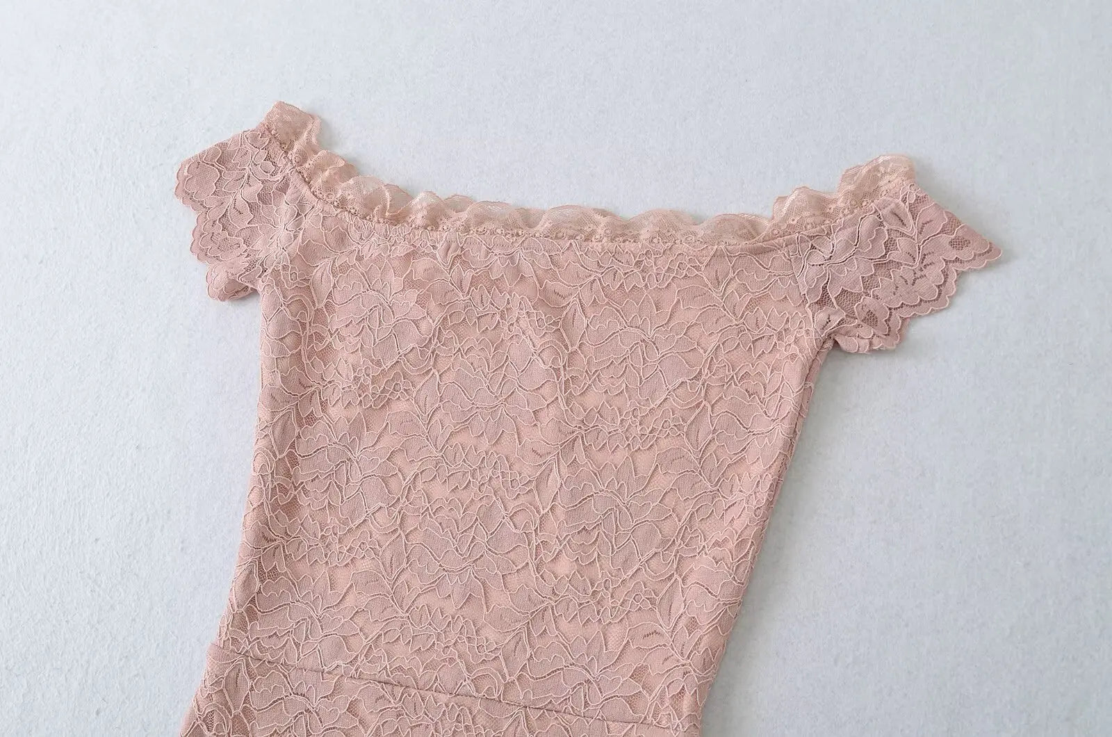 LIZAKOSHT  -  Pure Desire Style Sexy One-word Collar Slim-fit Lace Hollow Waist Hip Skirt Short Sleeve Dress Short Skirt Women's Clothing