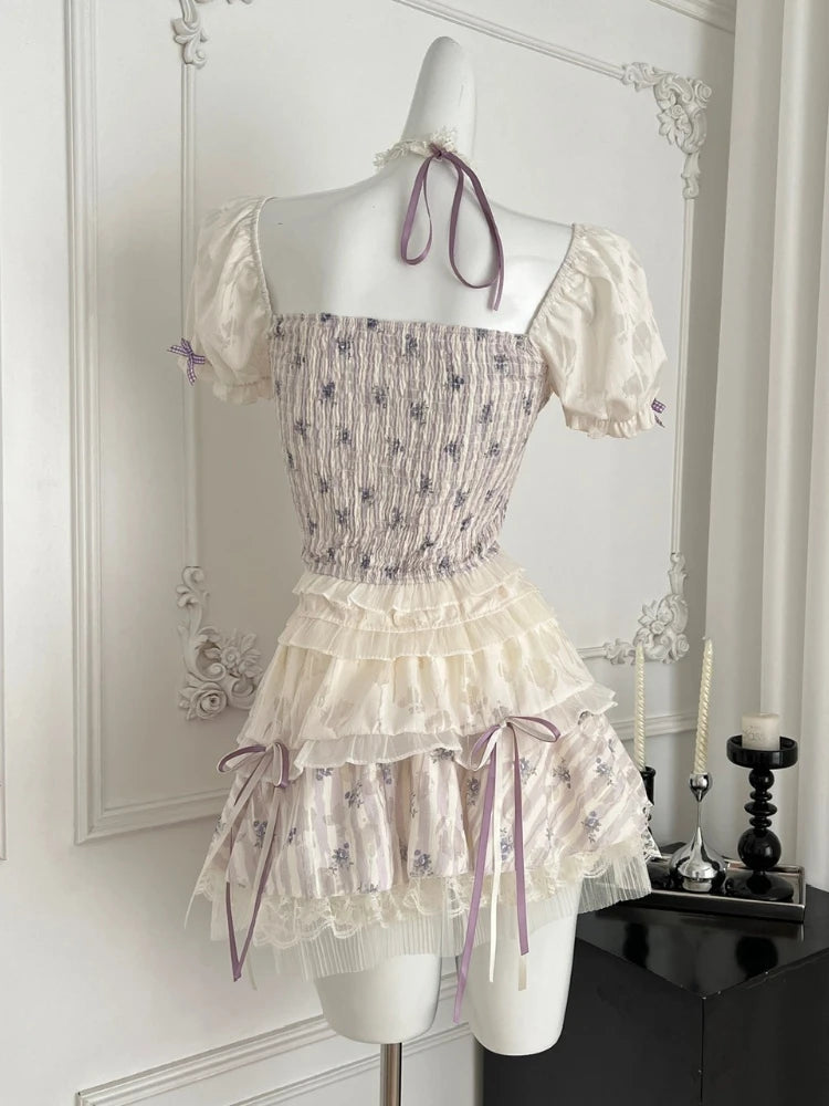 LIZAKOSHT  -  Summer Women Y2k Kpop Vacation Korean Shoujo 2000s Lolita Outfits 2 Piece Set Short Sleeve Crop Tops + Gyaru Coquette Mini Skirt