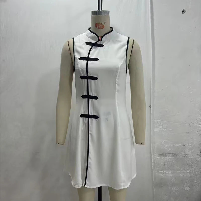 LIZAKOSHT  -  Sleeveless Qipao-Style Mini Dress with Knot Buttons Stand Collar Satin Dress Summer Casual & Streetwear Qipao Mini Dress