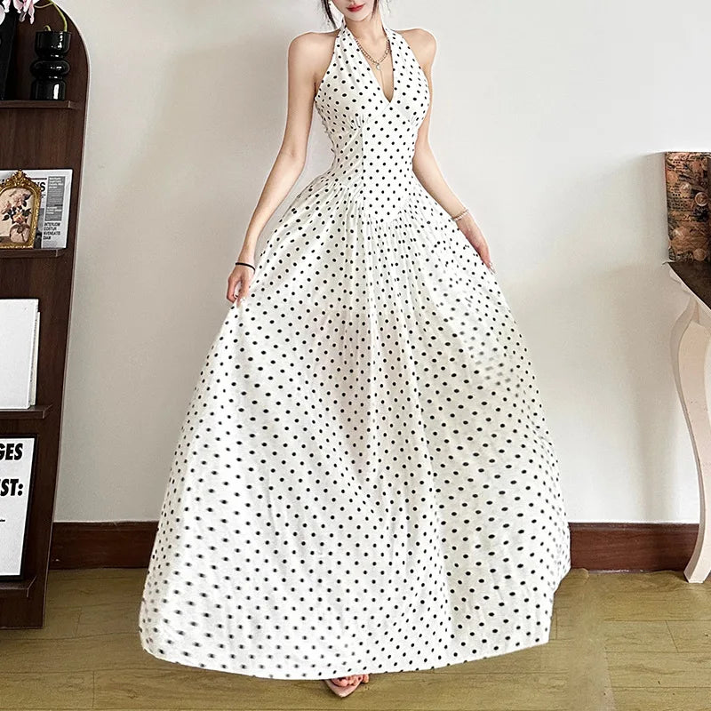 LIZAKOSHT  -  Spring Summer New Women's Wear Polka Point Hanging Neck Dress Women's High end V-neck Waist