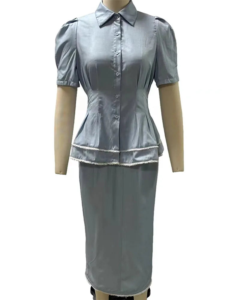 LIZAKOSHT  -  Y2k Women Denim Sets Office Work Lapel Ruff Sleeves Cinching Waist Slim Tops Baggy Long Jeans Dress 2 Piece Suits Chic Elegant