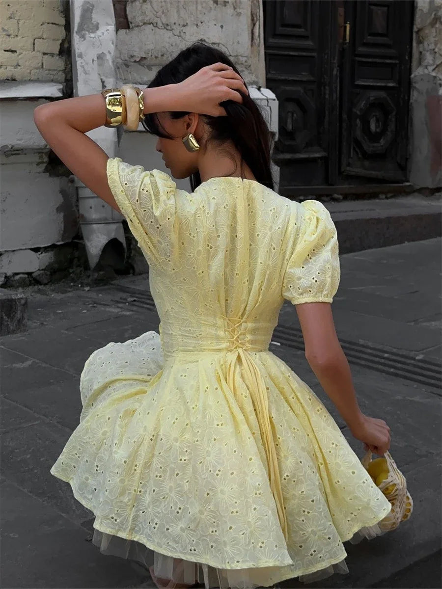 LIZAKOSHT  -  Summer New Women's Cotton Embroidered Dress Bubble Sleeve V-neck Mini Skirt  Slimming Waist Dresses