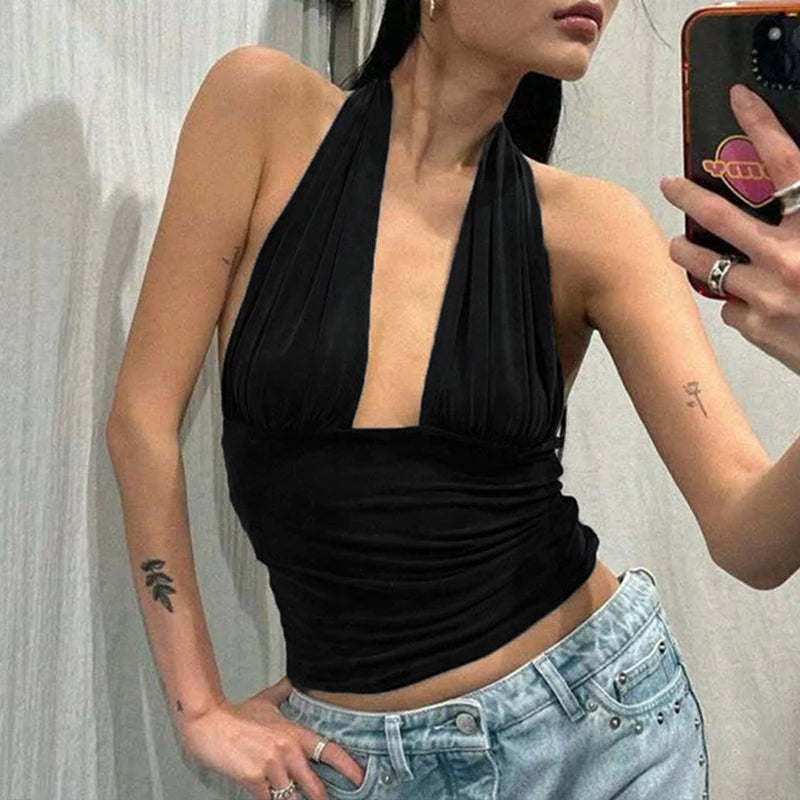 LIZAKOSHT  -  Summer Solid Color Halter Lacing Fashion Club Crop Top for Women Open Back Ruched Sleeveless Skinny Party Camisole Clothing