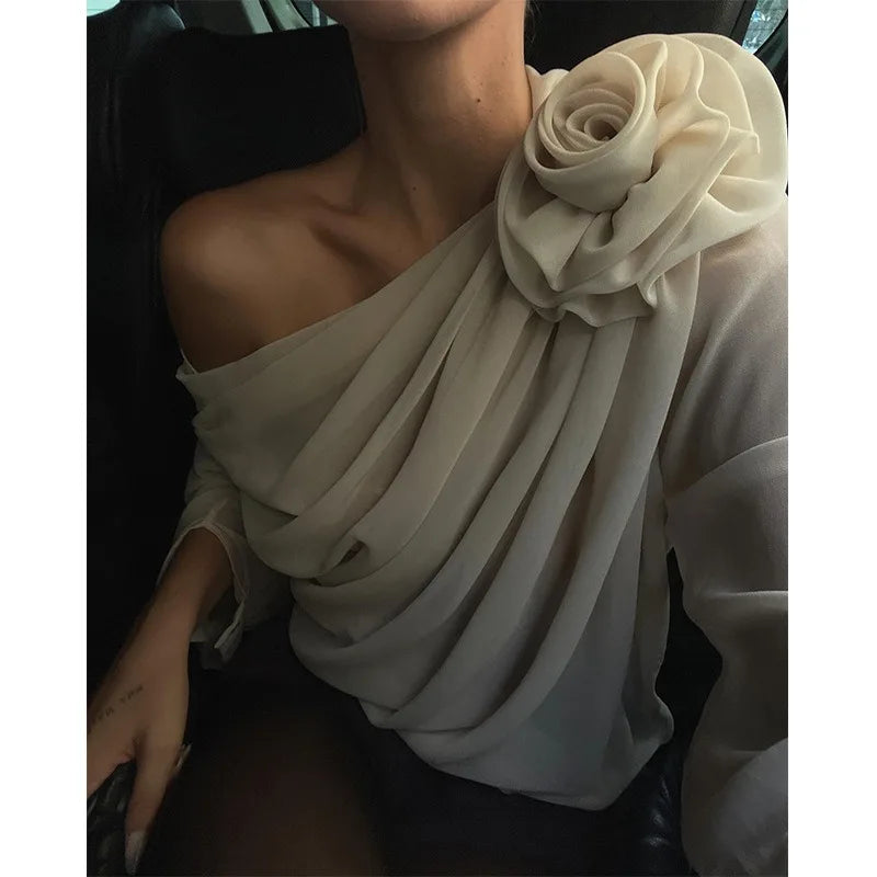 LIZAKOSHT  -  Sexy Elegant Irregular Oblique-neck Rose Flower Applique T Shirt Summer Off Shoulder Long Sleeve Crop Tops Street Mesh Tees