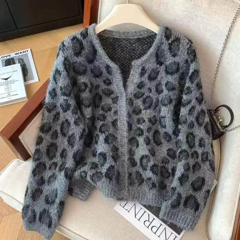 LIZAKOSHT  -  Leopard Print Sweater Cardigan for Women Vintage Button-Up Single Breasted Knit Top Coat Comfy Soft Autumn Winter Y2K Sweater