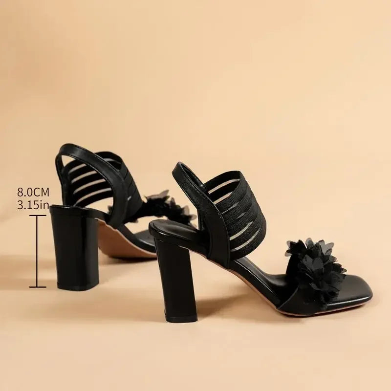 LIZAKOSHT  -  Luxury Lace Flower Decoration Slip On Black Sandals Women Summer Square Toe High Heel Sandals Fashion Beach Shoes Women