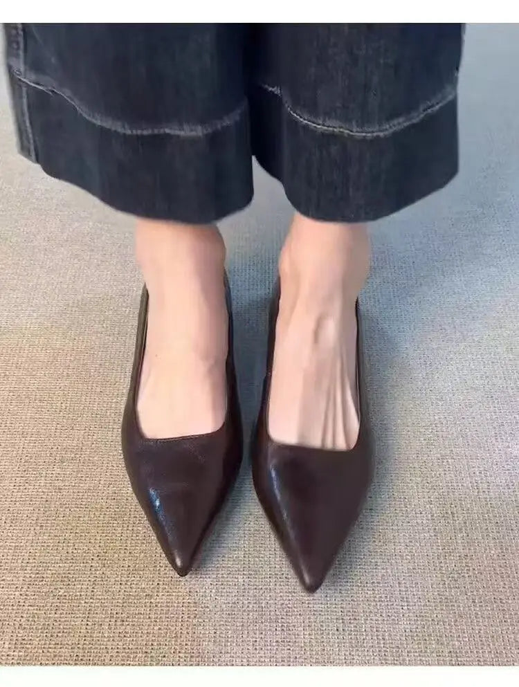LIZAKOSHT  -  Flat Heel Pointed Toe Women's oes Spring Commute Work oes Korean Sle Leather Inner Layer Pig Skin Slip-On Daily Wear