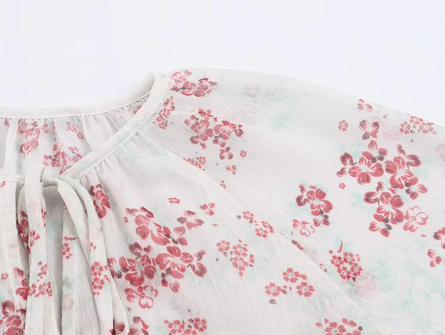 LIZAKOSHT  -  Spring Summer White Pink Floral Print Flare Cuff Long Sleeve Pullover Shirt Women Bow O Collar Loose Short Blouses Femme Tops