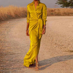 LIZAKOSHT  -  Casual Office Lapel V Neck Maxi Dresses Spring Women Long Sleeve Solid Shirts Dress Elegant Lady Lace Up Split Slim Long Dresses