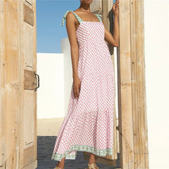 LIZAKOSHT  -  Women's Tie Shoulder Strap Dress Fashion Print Sleeveless Backless Long Flowy Dress for Summer Holiday Beach Sundress