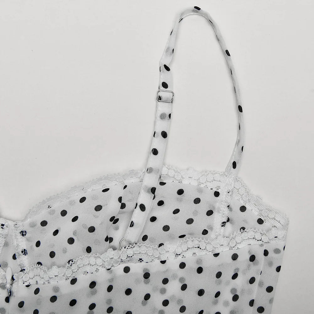 LIZAKOSHT  -  Elegant Lace Patchwork Chiffon Polka Dot Dress White Black Summer Women Spaghetti Strap Zipper Evening Party Dresses