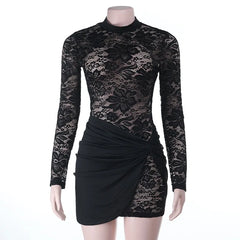 LIZAKOSHT  -  Twist Patchwork See Through Lace Bodycon Mini Dress Women Autumn O Neck Long Sleeve Ruched Slim Night Clubwear Party Dresses