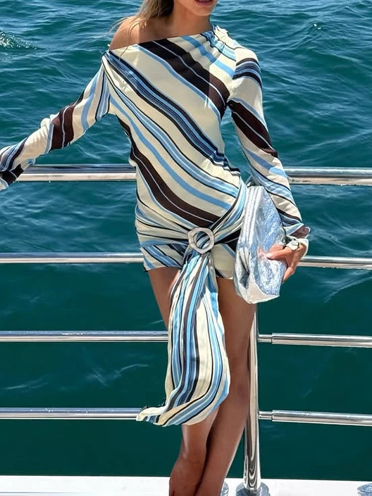 LIZAKOSHT  -  Women's Casual Long Sleeve Mini Dress New Autumn Retro Striped Print Asymmetrical Dress Fashion Slant Neck Tie Up Holiday Dress