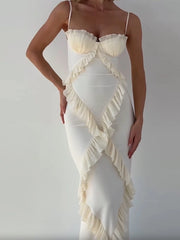 LIZAKOSHT  -  Women Elegant Ruffle Patchwork Sling Maxi Dress Fashion Backless Sleeveless Split Bodycon Dresses 2024 Lady Party Evening Robes