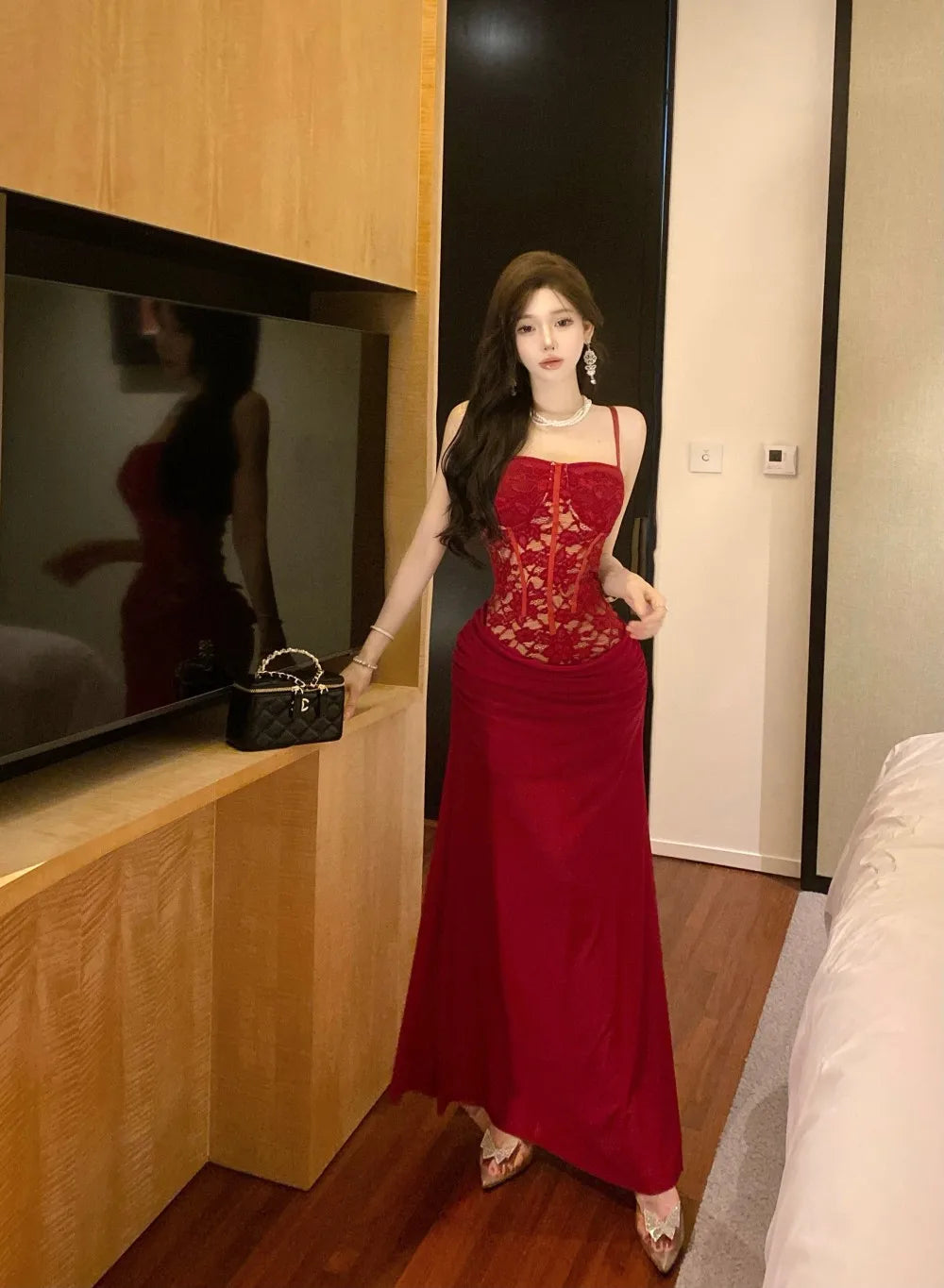 LIZAKOSHT  -  Women's Pure Desire Wind Red Lace Waist Dress Dress