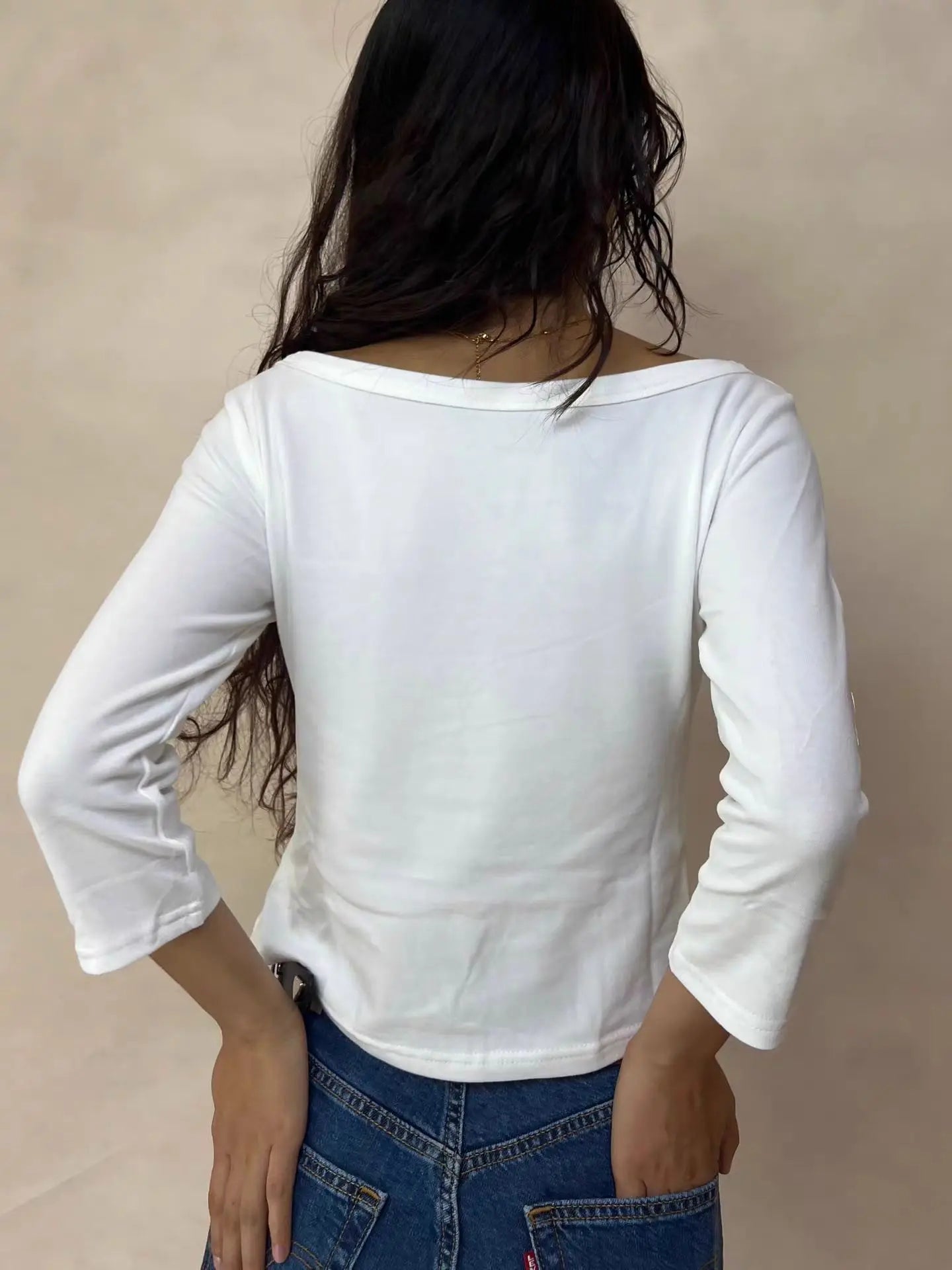 LIZAKOSHT  -  Solid Basic Three Quarter Sleeve T-shirts Woman Autumn Slash Neck Cotton Slim Crop Top Female Casual Simple All-match Tee Shirts