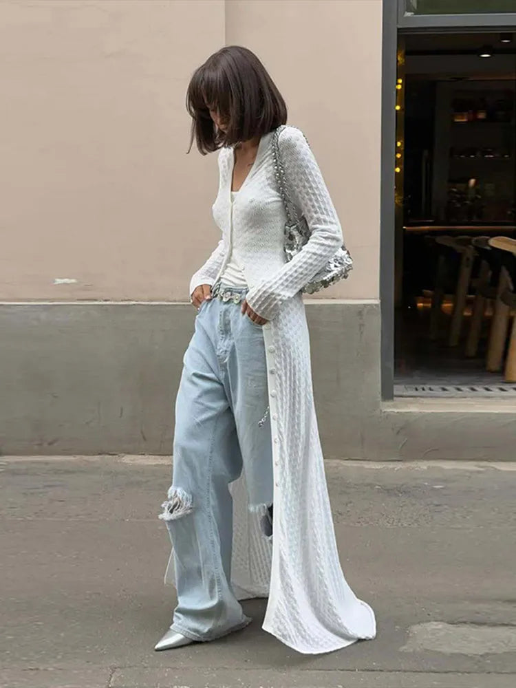 LIZAKOSHT  -  Deep V Cardigan Dresses Women Hollow Sexy Single-breasted Long Cardigan Summer White Slim-fit Long Sleeve Vacation Ladies Robe