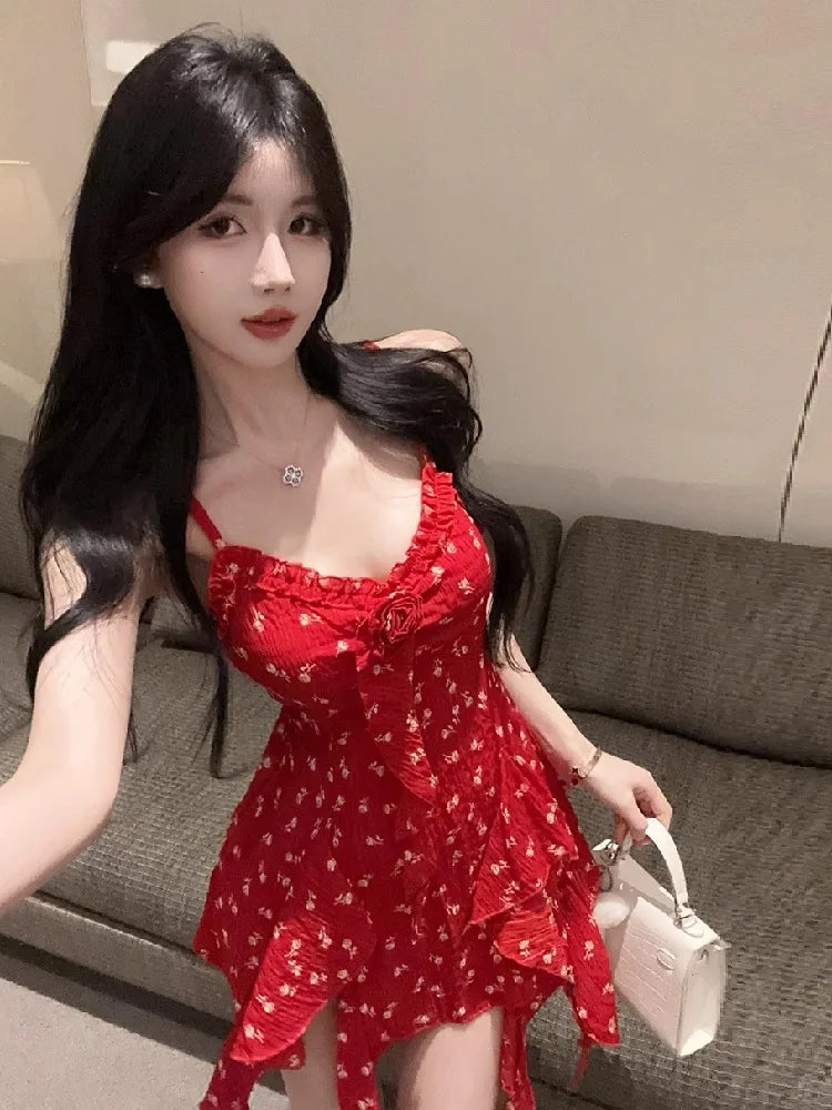 LIZAKOSHT  -  Camis Sexy Floral Printed Irregular Ruffles Slim Patchwork Flowers Vintage Summer Fashion Sweet Tank Tops Ladies Casual
