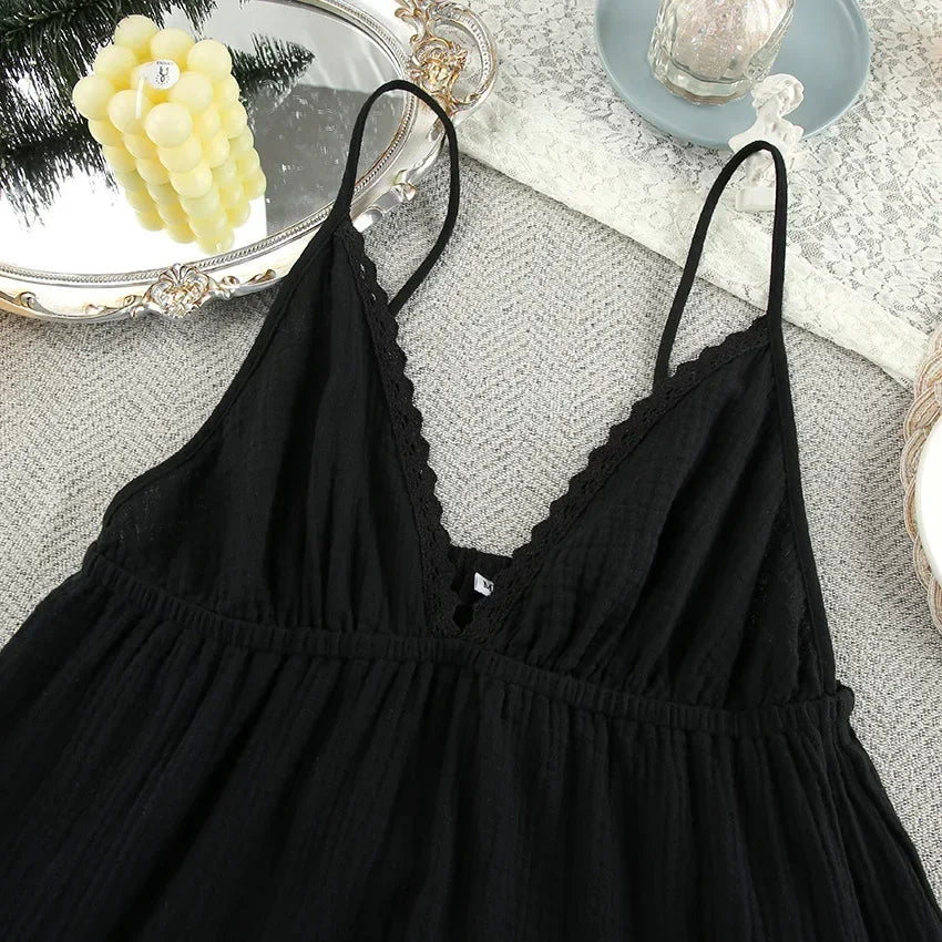 LIZAKOSHT  -  Women Sexy Sleeveless V-neck Mini Dress Chic Backless Off Shoulder High Waist Pleated Loose Dresses Lady Holiday Vestidos