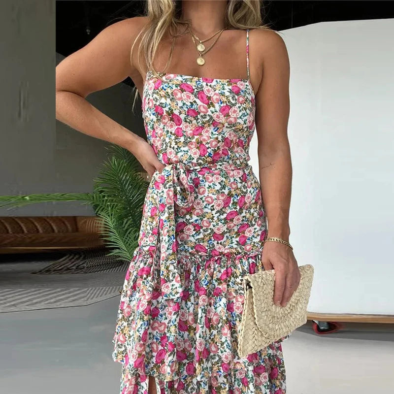 LIZAKOSHT  -  Sweet Summer Cake Layered High Split Dress Chic Women Lace-up Pattern Printed Club Dress All Match Strap Spaghetti Party Dress