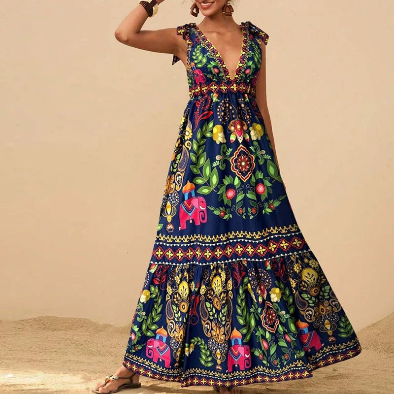 LIZAKOSHT  -  Women Fashion Print Loose Holiday Beach Dress Spring Double V Neck Backless Long Dress Summer Tie-up Sling Boho Maxi Dress Mujer