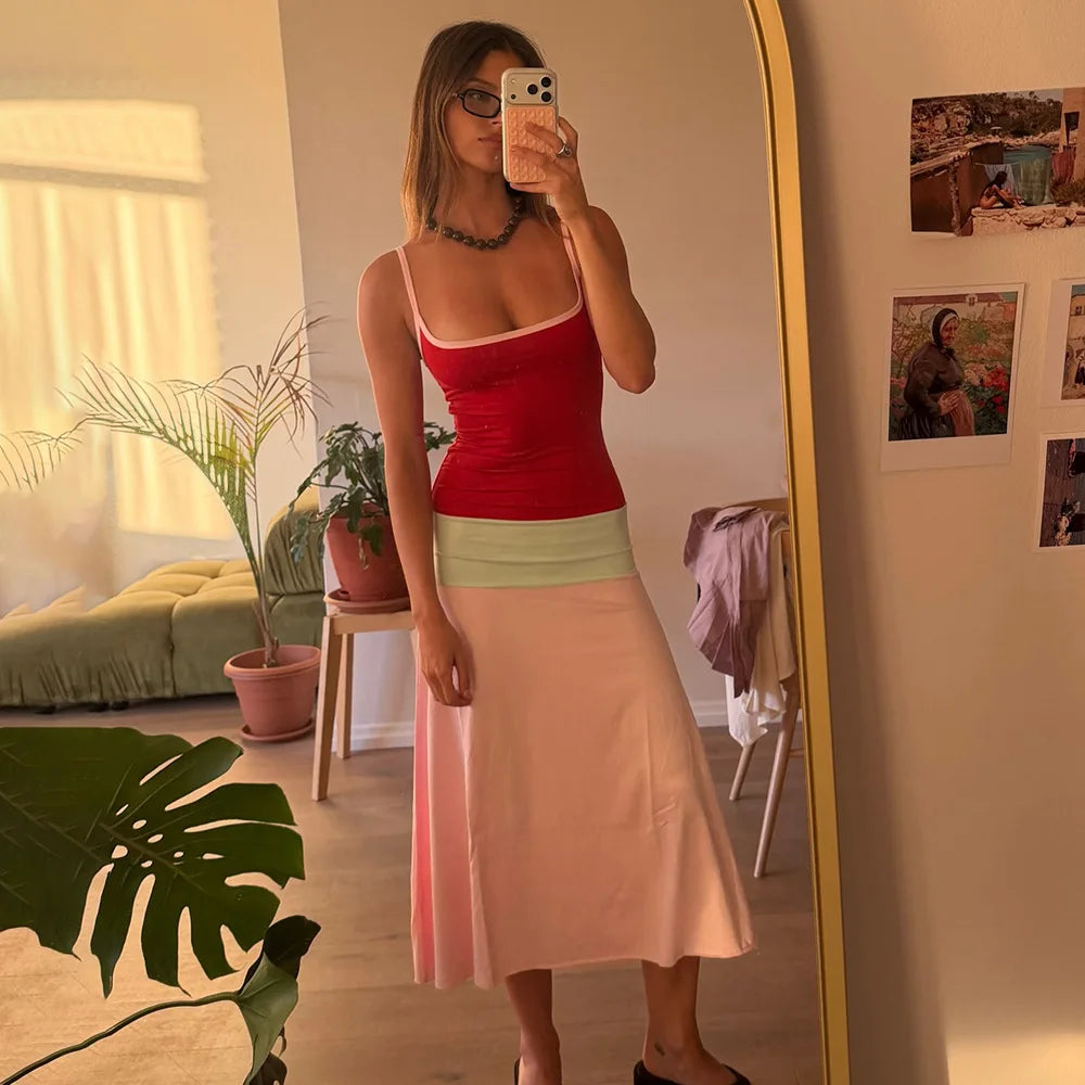 LIZAKOSHT  -  Women's Casual Sexy Spaghetti Strap Patchwork Vacation Dress Streetwear Y2K Ladies Sleeveless Backless Slim Fit  Beach Dresses