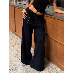 LIZAKOSHT  -  American Retro Wide Leg Sweatpants Women's Autumn Winter Multi-Button Elastic Waist Straight Loose Slimming Floor-Length Casual
