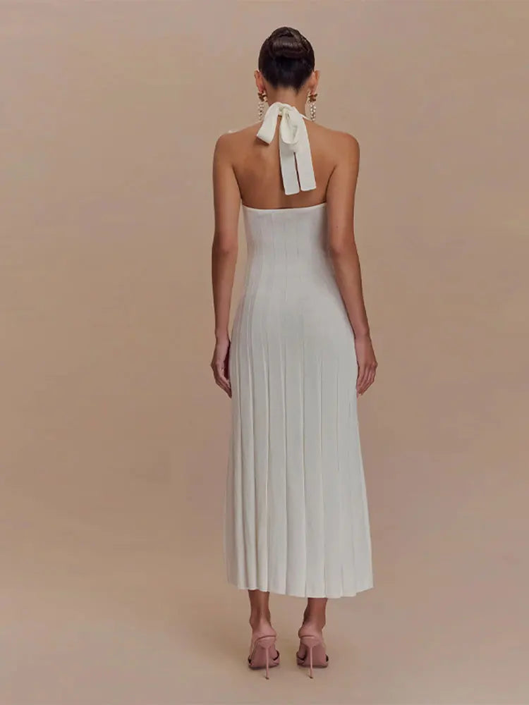 LIZAKOSHT  -  Sexy Knitted Halter Long Dress Women Sleeveless Backless Lace Up Waist Cinching Slim Dresses Lady Summer Chic Casual Party Robes