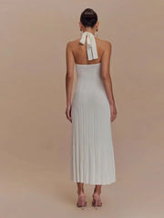 LIZAKOSHT  -  Sexy Knitted Halter Long Dress Women Sleeveless Backless Lace Up Waist Cinching Slim Dresses Lady Summer Chic Casual Party Robes