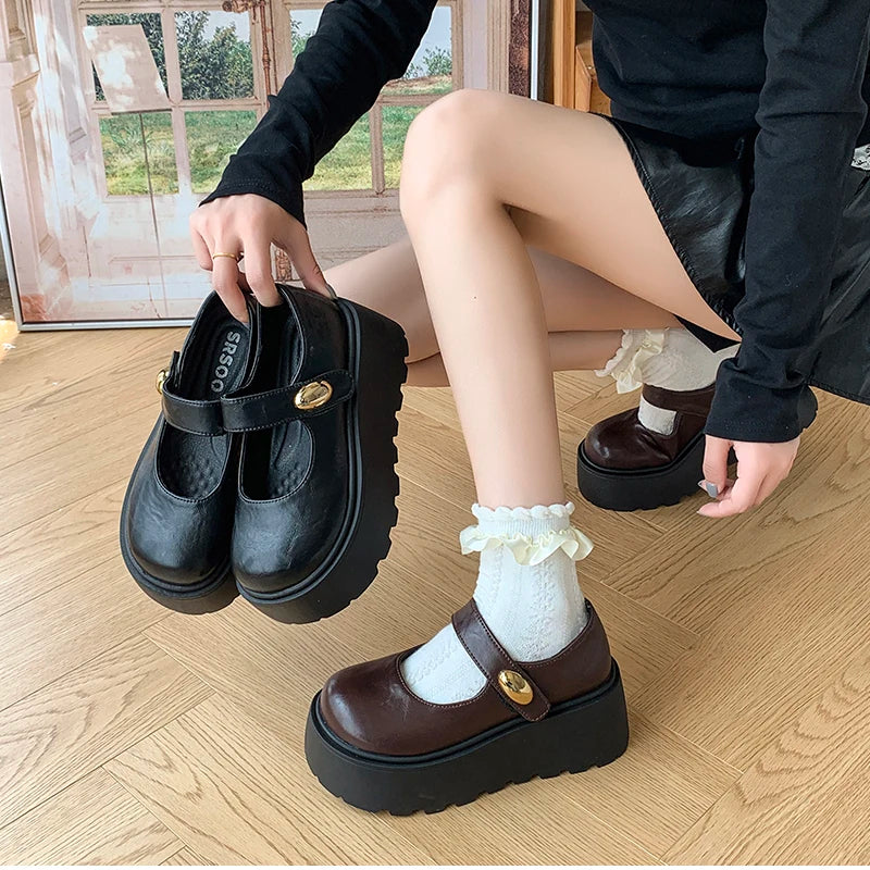 LIZAKOSHT  -  Autumn Vintage Platform Women Mary Jane Shoes  Fashion Outdoor Stripper Shoes Ladies Thick High Heels jk Leather Pumps