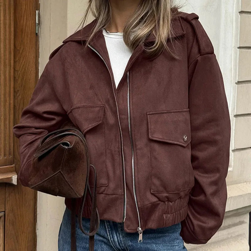 LIZAKOSHT  -  Casual Flip Collar Zipper Pocket Jacket Woman Solid Color Long Sleeves Loose Street Coats Chic Women's Warm Early Autumn Jackets