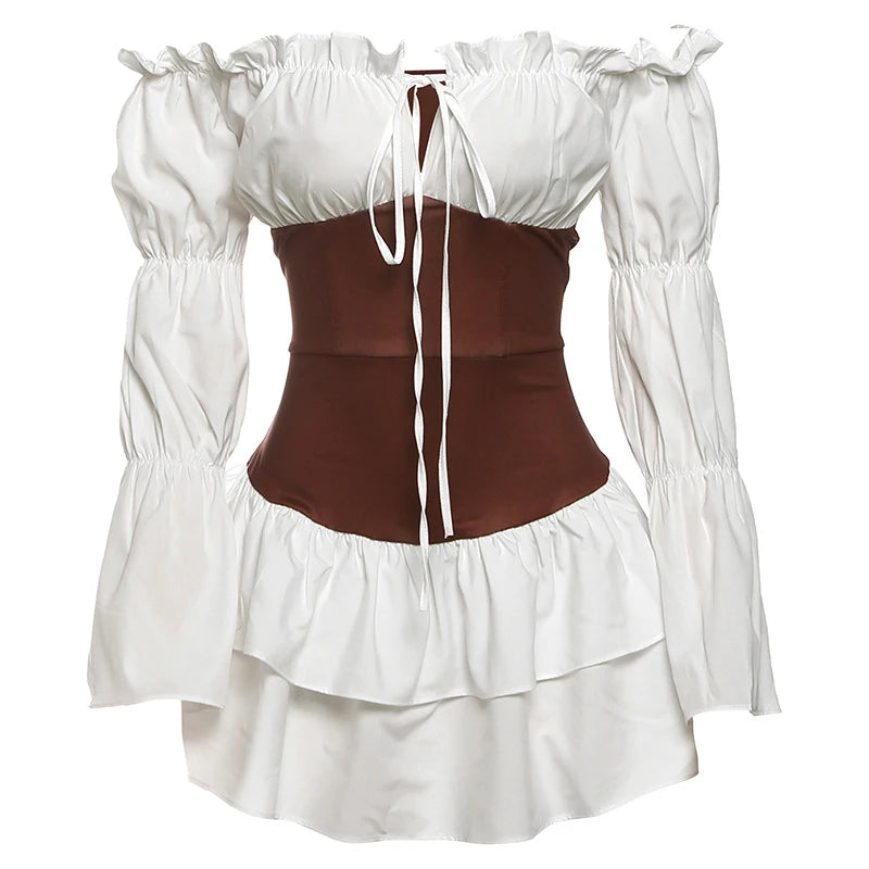 LIZAKOSHT  -  Slash Neck Contrast Dresses Elegant Off-shoulder Lace Up Pleated Puff Sleeved Open Back Short Dress Casual Party Streetwear