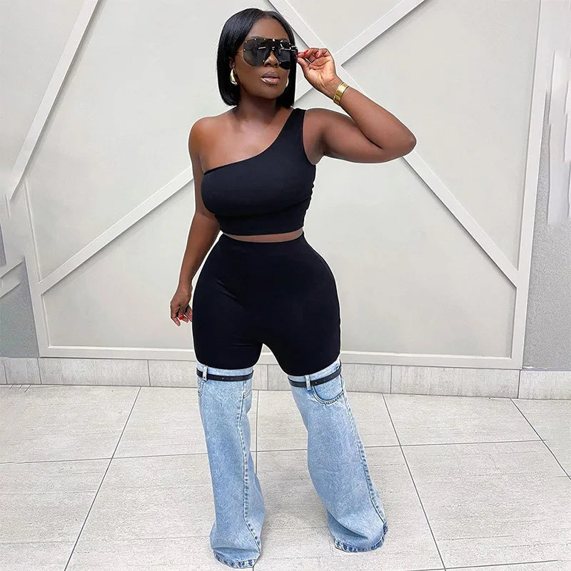 LIZAKOSHT  -  Women's Fashion Patchwork Denim Pants Streetwear Black Shorts + Belt Pockets Jeans Legs High Waits Women Pants Y2K Lounge Wear