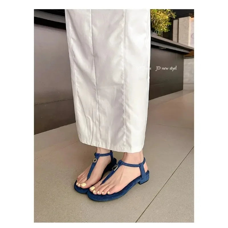 LIZAKOSHT  -  Summer Women's Blue Suede T-Strap Flip Flops Metal Decor Flat Sandals Ankle Strap Casual Slingback Slippers Beach Shoes