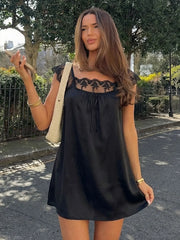 LIZAKOSHT  -  Fashion Casual Lace Patchwork Short Dresses Y2K Streetwear Summer Women Sleeveless Short Mini Vacation Dress White Black