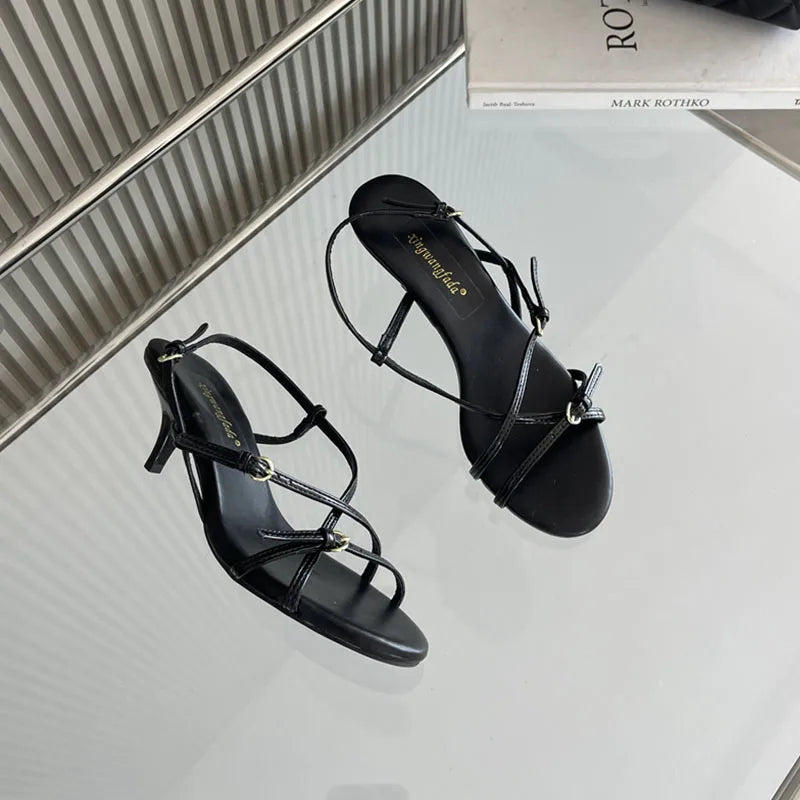 LIZAKOSHT  -  Brand Ankle Strap Sandals Women Fashion Thin High Heels Party Dress Shoes Narrow Band Casual Sandalias Black White Wine Red