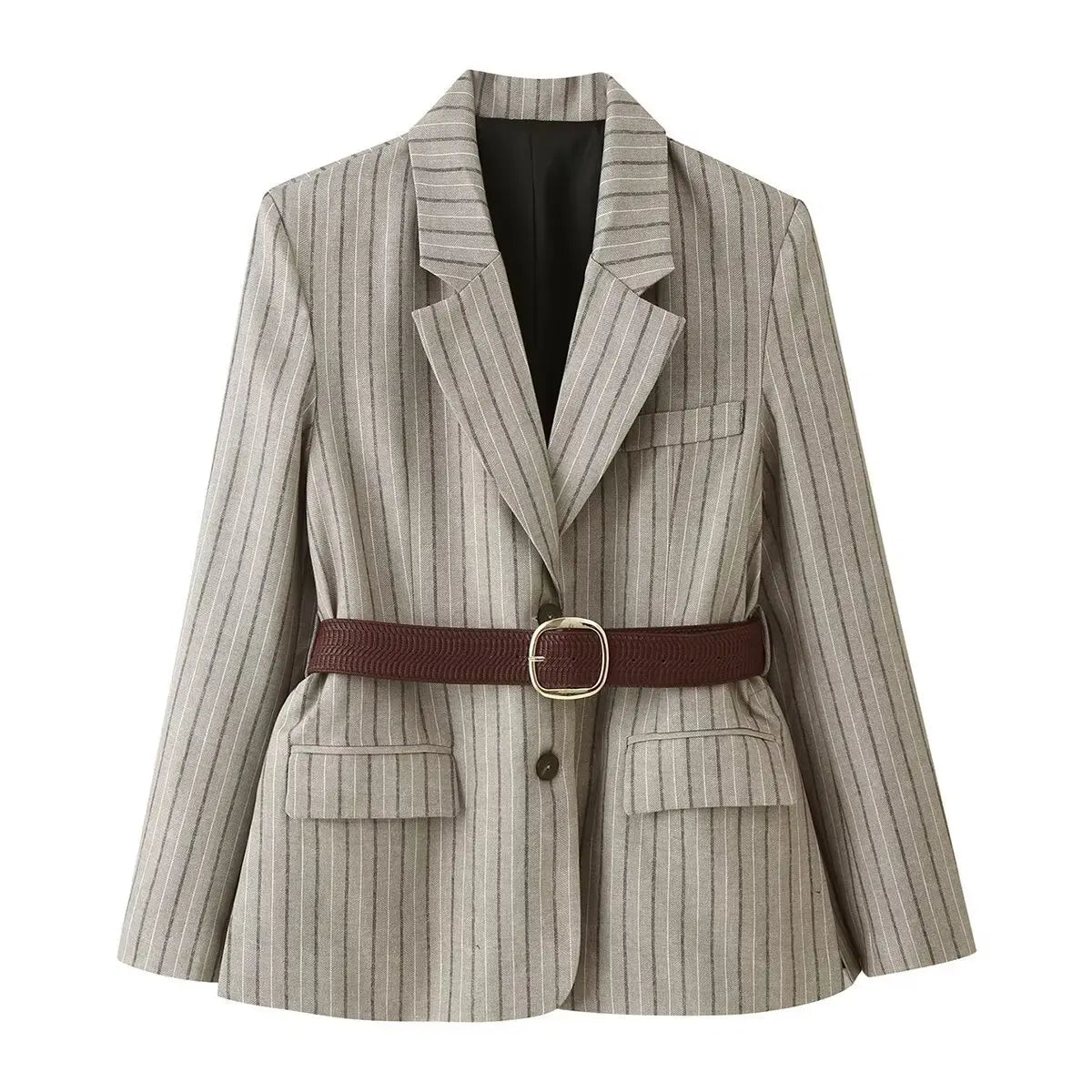 LIZAKOSHT  -  Autumn Women's With Blet Vertical Stripes Print Blazer Boyfriend Vintage Women Front Pockets Loose Suit Fashion Coat