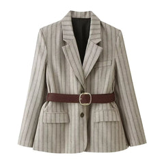 LIZAKOSHT  -  Autumn Women's With Blet Vertical Stripes Print Blazer Boyfriend Vintage Women Front Pockets Loose Suit Fashion Coat