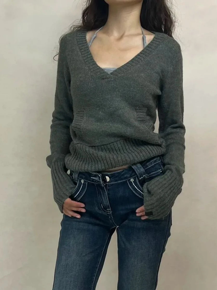 LIZAKOSHT  -  Solid Cotton Knitted Sweater Woman Pocket V-neck Long Sleeve Slim Pullover American Vintage Streetwear Preppy Style Jumper Tops