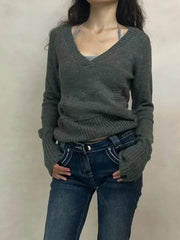 LIZAKOSHT  -  Solid Cotton Knitted Sweater Woman Pocket V-neck Long Sleeve Slim Pullover American Vintage Streetwear Preppy Style Jumper Tops