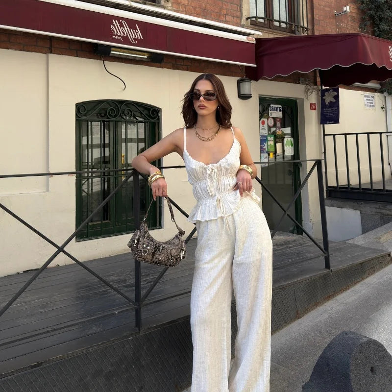 LIZAKOSHT  -  Solid Color Ruched Bandage V-neck Spaghetti Strap Tops and Wide Leg Long Pant Y2K Summer Casual New Women 2 Piece Sets